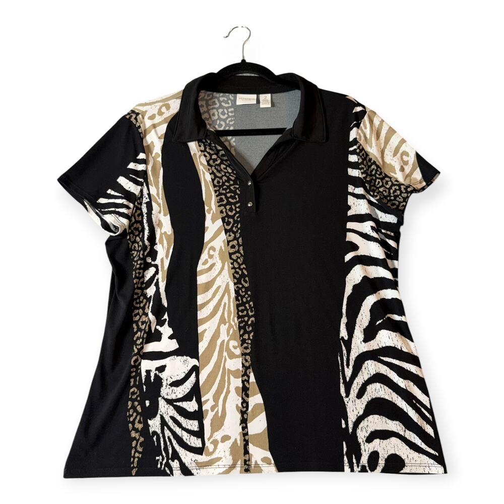 Weekends by Chico's SS Shirt, Blk/Tan, Animal Print, Women's 12/L, (Chico's 2))